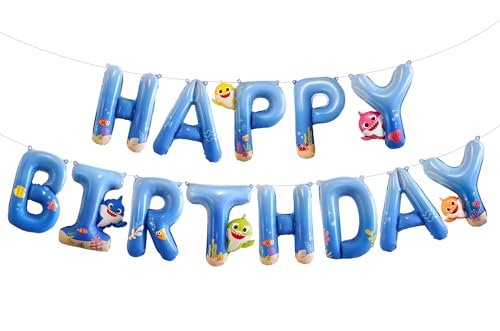 Image of PartyWoo Baby Shark Blue Happy Birthday Banner Letter Balloons 16 Inch Blue Mylar Foil Letter Balloons for Boys and Girls Baby Shark Under the Sea Ocean Theme Kids Birthday Party Decorations