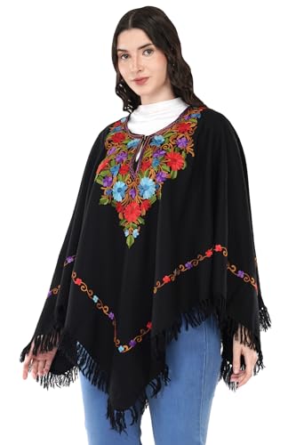 Premium Women's Kashmiri hand embroidery floral woollen poncho Indian cape wrap shrug Free size2