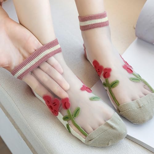 Image of Womens Girls Nylon Socks Sheer Summer Transparent Ankle Socks Mesh Thin Novelty Socks Red Flower, Floral-rosy