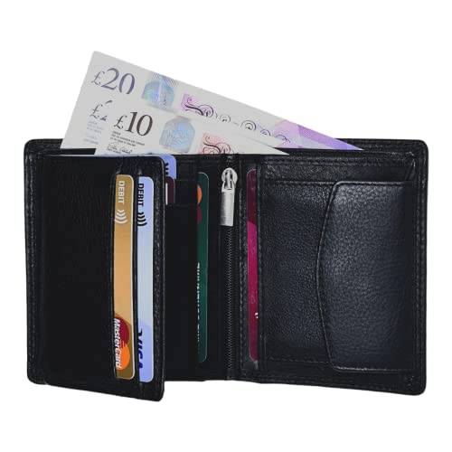 MORUCHA Black Compact Trifold Wallet For Mens | Genuine Soft Nappa Leather RFID Blocking | Zipped Pocket | Designed For Up To 6 Cards, ID, Coins And Cash | Gift Boxed | M-35