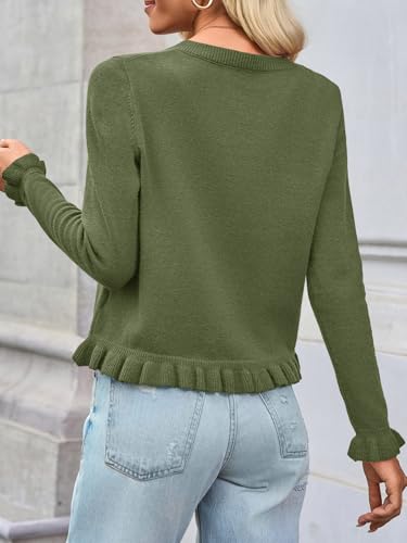 Image of Saodimallsu Womens Ruffle Cardigan Sweaters Button Up Crew Neck Long Sleeve Cropped Sweater Cute Soft Knit Tops