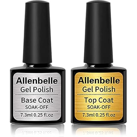 Allenbelle Gel Base and Top Coat Sets, UV LED Shellac Top Coat and Base Coat, No Wipe Gel Top Coat and Base Coat, Soak Off Top and Base Coat Gel Polish Set,Long Lasting Shiny High Gloss Finish Cover