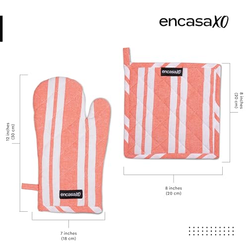 Image of Encasa XO Heat Resistant 100% Cotton Oven Glove & Potholder Set with Loop, Kitchen Cooking Mittens, Microwave Safe Hot Pads (Franca Orange Stripes)