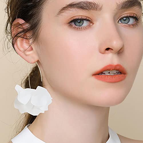 Boho Rose Petal Dangle Resin Earrings - Long Drop Acrylic Tiered Flower Earrings - Statement Exaggerated Floral Tassel Earrings For Women And Girls (White) #TOP5