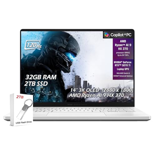 Image of ASUS ROG Zephyrus G14 Copilot+ PC Gaming Laptop, 14 inch OLED 3K 120Hz, AMD Ryzen AI 9 HX 370, NVIDIA GeForce RTX 5070Ti, WiFi7, Win11, Platinum White, (32GB RAM |2TB SSD), w /2TB USB Drive, W /GaLiMu