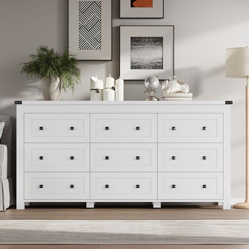Image of BORNOON 9-Drawer Dresser, Modern Wooden Storage Chest of Drawers, Dresser TV Stand, Wood Drawer Organizer with Metal Handles for Bedroom, Living Room, Hallway