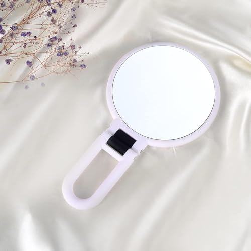 Image of Plastic 1x 15x Magnifying Handheld Square Hand Mirror, Travel Folding Hand Held Mirror, Double Sided Pedestal Magnification and True Image Makeup Mirror for Women with Adjustable Handle, Pink
