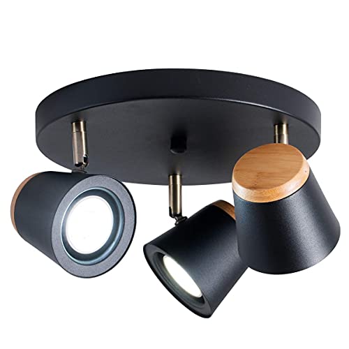 Tehenoo 3-Light Directional & Spotlight,Matte Black And Wooden Finish Semi-Flush Mount For Hallways, Bedrooms, Foyer, Kitchen, Living Room #TOP7