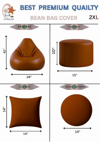 Image of 2XL Teardrop Bean Bag Chair Set with Footrest & Two Cushion, Faux Leather, Indoor Gaming and Lounging, Adult Size (TAN, XXL, Solid)