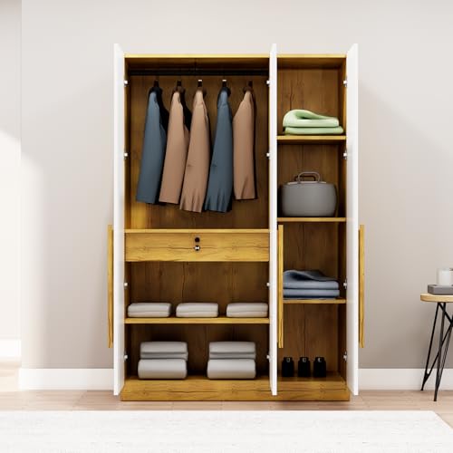 Image of Bniture 3 Door Wardrobe for Bedroom with Lockable Door & Hanging Space | Almirah for Clothes with Elevated Bottom Base | Wardrobe for Storage Cupboard | 3 Years Warranty (Frosty White, 3 Door