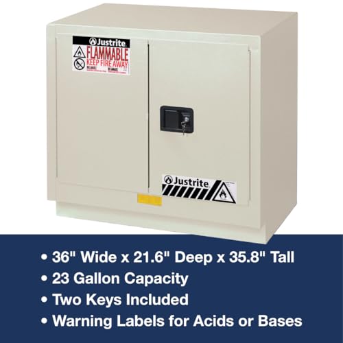 Image of Justrite Acid Corrosive Storage Cabinet - 23 Gallon 2 Door Manual Close Chemical Storage Cabinet with ChemCor Coating - 22 inch x 36 inch x 36 inch - Made in The USA - Light Neutral - 8837072