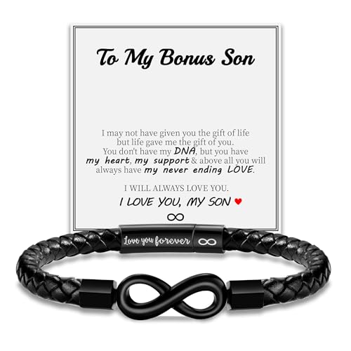 Image of Leather Bracelet Gifts for Men, To My Son Bracelet Fathers Day Bracelet Gifts Dad Grandpa Love You Forever Engraved Birthday Valentines Graduation Gift Infinity Knot Jewelry