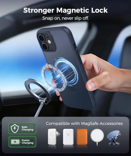 Image of FNTCASE for iPhone 12 Case: iPhone 12 Pro Phone Case [360 Spin Magnetic Stand] [Compatible with Magsafe] [Screen Protector] Translucent Matte Military Grade Shockproof Phone Cover - Deep Blue