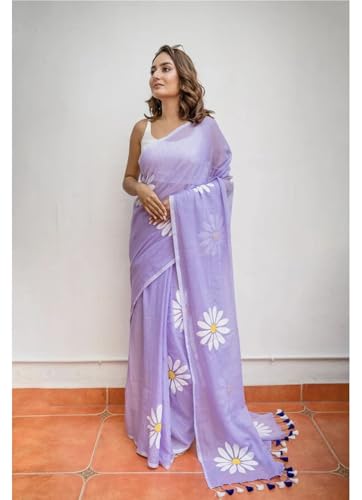Image of Lilan Cotton Saree with White Daisy Floral Prints Tassel Pallu Lightweight Summer Saree