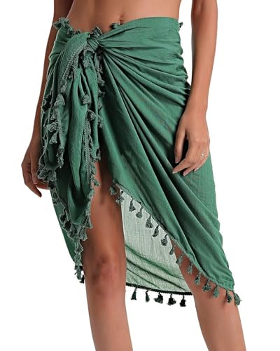 Eicolorte Beach Sarong Pareo for Women Boho Bathing Suit Bikini Swim Cover Up Wrap Skirt (017-Blackish Green-Short)