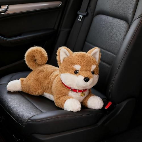 shjxi Hund Plüschtier - 38 Zentimeter Süßer Realistischer Welpe mit Einer Glocke,Liegende Hunde Kuscheltiere Realistisch,Für Babys Kleinkinder Geburtstag Weihnachten Halloween Interaktiv