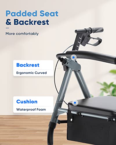 Zler Heavy Duty Rollator Walker 400Lbs-All Terrain Rollator Walker With 10” Solid Pu Wheels, Bariatric Rollator Walker With Extra Wide Padded Seat & Backrest For Seniors, Grey #TOP5