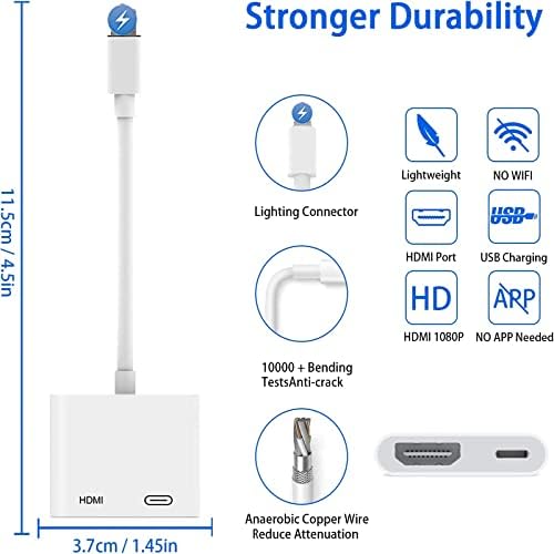 Lightning to HDMI Adapter [ Apple MFi Certified ], Plug & Play, iPhone to HDMI Adapter 1080P Screen Converter with Lightning Charging Port Compatible for iOS Devices to Projector/Monitor
