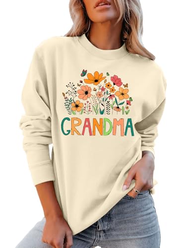 Hqp Grandma Sweatshirt Women Floral Grandma Sweatshirt Wildflower Graphic Casual Fall Pullover Tops Beige thumb #3