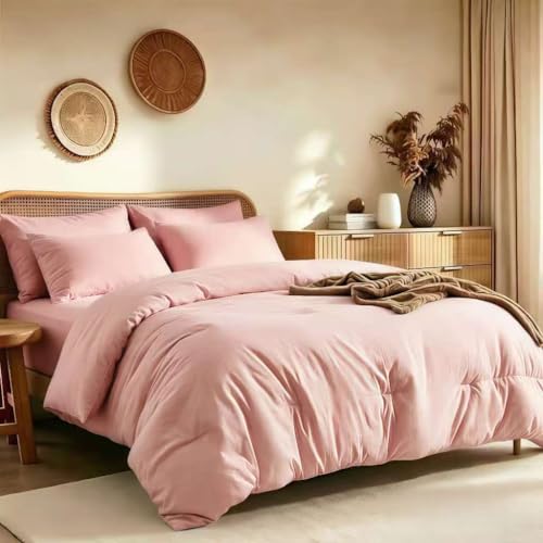 Image of Queen Comforter Set Prewashed Lightweight Quilted Bedding for All Season | 3PCS Blush Pink Breathable Down Alternative Bedding Set with 1 Solid Comforter (90 inchx90 inch) and 2 Soft Pillowcases