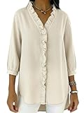 Generisch Camisa vaquera informal para mujer con cuello en V y volantes, blusas suaves de mezclilla de manga 3/4 con botones, 2026 tops holgados con dobladillo alto y bajo, XL