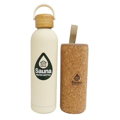 Sauna Water Bottle 25oz Cool-to-Touch Double-Wall Stainless Steel Flask with Removable Cork & Neoprene Sleeve Leakproof Bamboo Lid Sweat-Free Built for High-Heat Use (White)