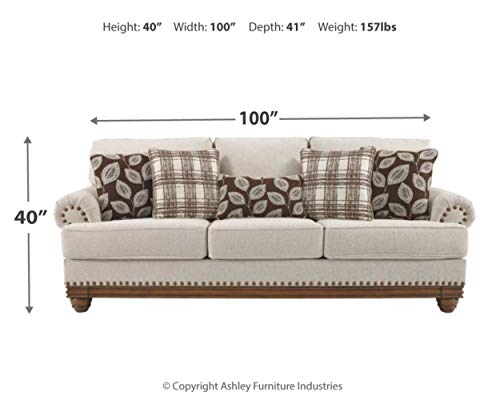 Signature Design By Ashley Harleson Modern Farmhouse Sofa With Nailhead Trim And 5 Accent Pillows, Beige #TOP2