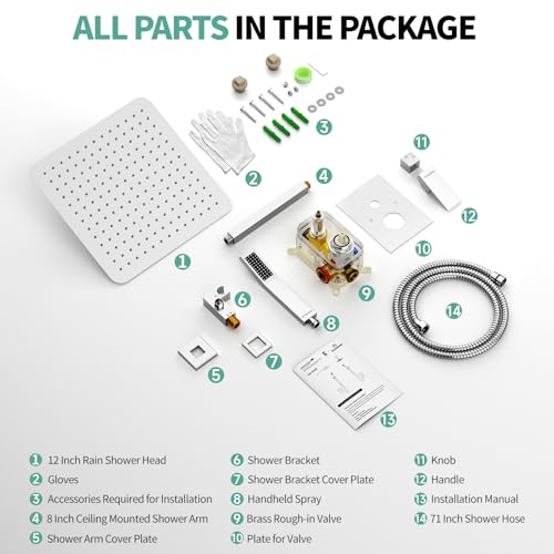 SR SUN RISE 12 Inch Ceiling Mounted Shower System Rain Mixer Combo Set Rainfall Shower Head System Faucet Trim Repair Kits Polished Chrome Rough-in Valve Body and Trim Included by SR SUN RISE - Image 8