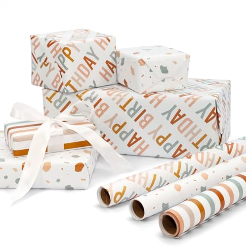 Hermoso papel de regalo de cumpleaños, juego de 3 rollos de papel de calidad para regalos de tamaño mediano, añade un toque de magia a cada regalo que envuelvas, 17 x 120 pulgadas por rollo para niños