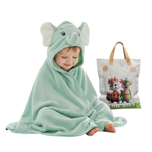 Image of Ultra-Soft Baby Hooded Towel - Coral Velvet Wrap Your Little One in Softness and Joy, Hypoallergenic & Super Absorbent Bath Wrap for Newborns& Toddlers |Cute Animal Design(0-5 Years)(Green Elephant)