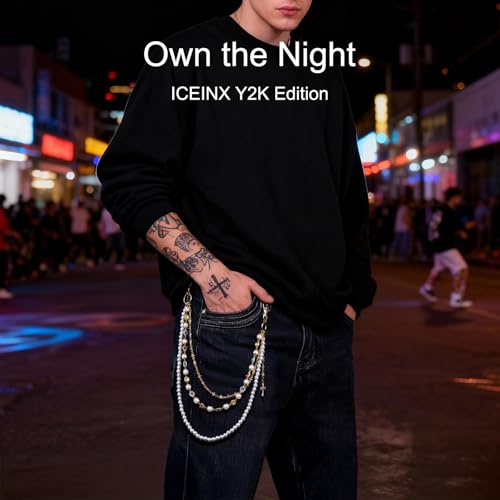 Image of Y2K Pearl Pants Chain Streetwear Jewelry- Unisex Layered Wallet Chain with Heart Cross Pendant, Punk Aesthetic Jeans Keychain Accessory for Men Women
