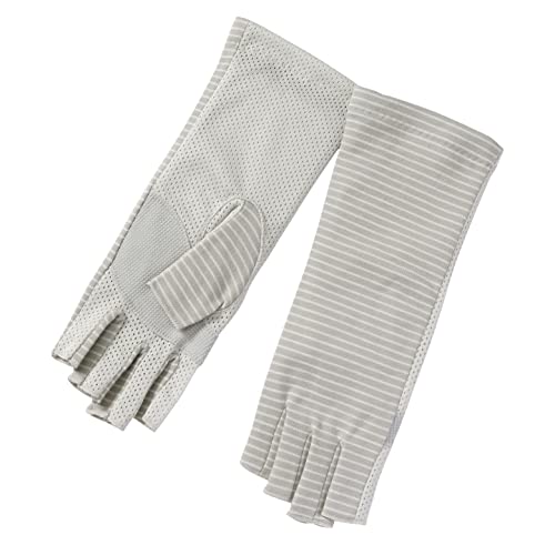 [GlovesDEPO] UVカット 手袋 グローブ 接触冷感 手のひらメッシュ 滑り止め 指切り ボーダー [767-12] (グレー)