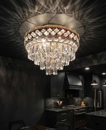 Image of Sanleen Round Shape k9 Crystal LED Chandelier Multicolour | Modern Metal Hanging Ceiling Light for Living Room Bedroom Dining Hall Home Decor | Luxury Decorative Crystal Lighting Fixture