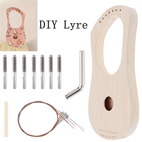 Lyre Harp 7 String DIY Kit, Ancient Style Lyres Wood String Instrument Lyre Harp Making Material Kit Bass Wood with String Post String Saddle Tuning Wrench for Kids and Adults