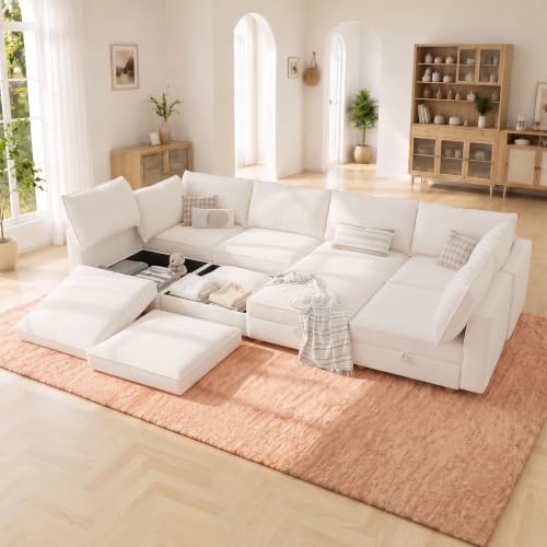 Image of 128 inch Chenille Modular Sofa Bed with Washable Covers & Storage, 8-Seater Modular Sectional Sleeper Sofa Bed with Movable Ottoman Chaise, Convertible Sleeper Sectional Couches for Living Room, Beige