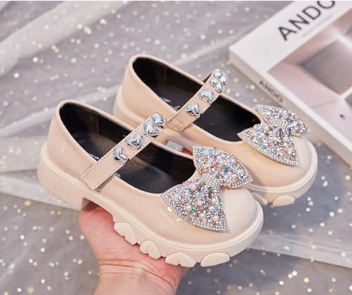 Kids Girls Mary Jane Flats with Bowknot and Rhinestones Dress Shoes for Wedding Party, Champagne, 11 M US Little Kid2
