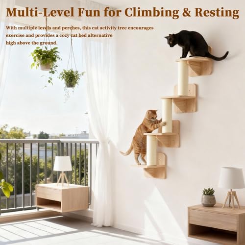 Estante mural para gatos 4 niveles en madera sólida con sisal miniatura 5