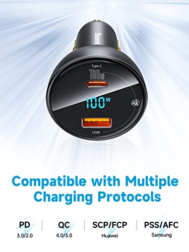 Baseus 100W Usb C Car Charger, Pps Pd3.0 Qc4.0 Super Fast Charging Type C Car Charger With Led Display Adapter Compatible With Macbook Pro Laptop Ipad Iphone 14/13 Pro Max Samsung S22 S21 Ultra/Tab S8 #TOP4