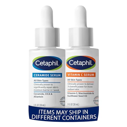 Cetaphil Vitamin C Serum, Reduces Look of Dark Spots, Fragrance Free 1oz + Ceramide Serum, Hydrates and Restores Skin Barrier, Designed for Sensitive Skin, 1oz Bundle