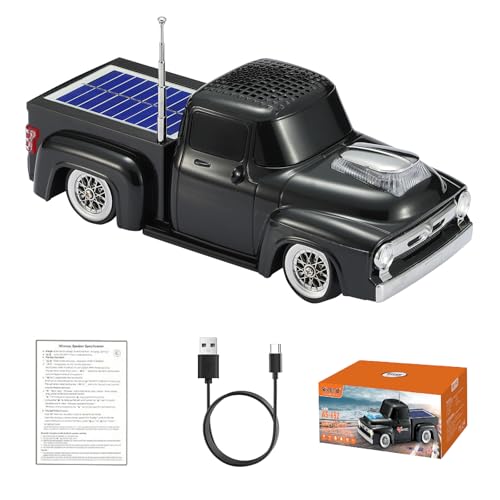 WS-692 Retro Pickup Bluetooth Solar Charging Replica Speaker – Portable HD Sound, Truck Design, LED Party Lights, TWS, FM Radio, Surprise Gift Idea(Black)