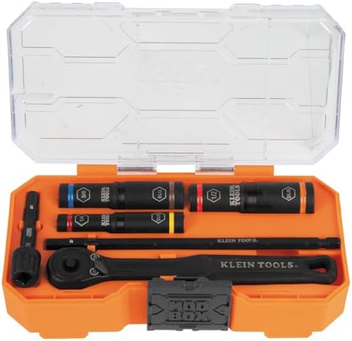 Klein Tools 65238 KNECT Impact Socket Set, Deep Sockets with Wrench, 3 Heavy-Duty Color Coded Flip Sockets, 6 SAE Sizes, Ratchet, Adapter and MODbox Case