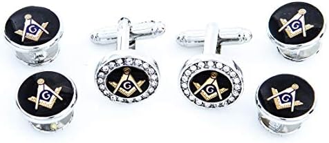 MRCUFF Freemason Masonic Mason Crystal Silver Tone Cufflinks and Studs Tuxedo Set in a Presentation Gift Box & Polishing Cloth
