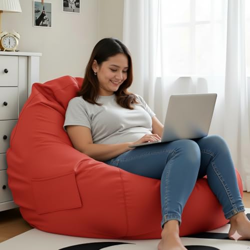 Image of 4XL Leatherette Bean Bag Chair with Footrest & Cushion with Beans Filled (Ready to Use) Color- (Red, Bean Bag Only)