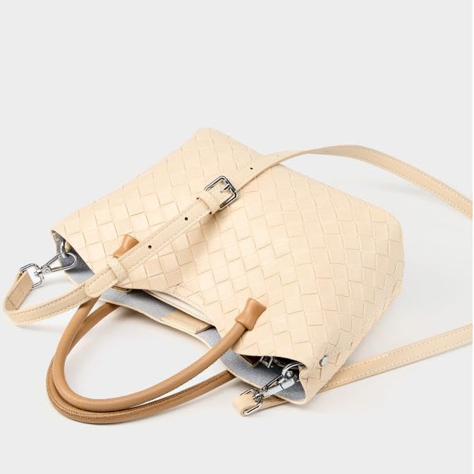Image of Woven Leather Tote Bag for Women - Microfiber & Cowhide Handbag, Small Crossbody Satchel with Adjustable Strap for Daily Use