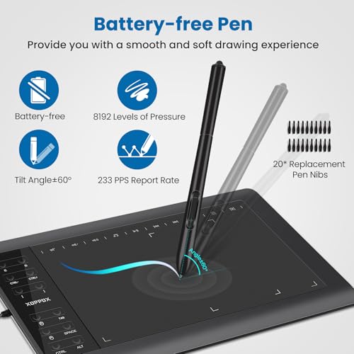 Image of Graphics Drawing Tablet 10 x 6 Inch Large Active Area Digital Graphic Tablet 8192 Levels Battery-Free Stylus with 12 Shortcut Keys & Multifunctional Adjustable Stand