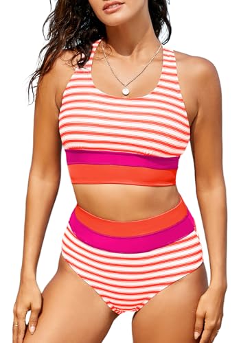 Dokotoo Women's High Waist Bikini Sets High Round Neck Two Pieces Swimsuits Color Block Striped Padded Top Modest Bottom Bathing Suits 2025 Fashion(Large, Orange)
