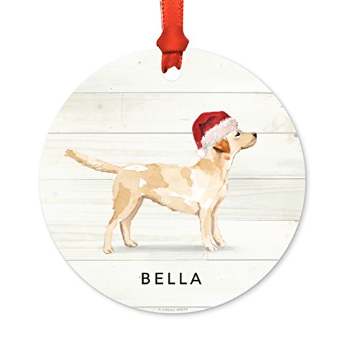 Andaz Press Personalized Animal Pet Dog Metal Christmas Ornament, Labrador Retriever with Santa Hat, 1-Pack, Includes Ribbon and Bag, Yellow Lab Puppy Ornament