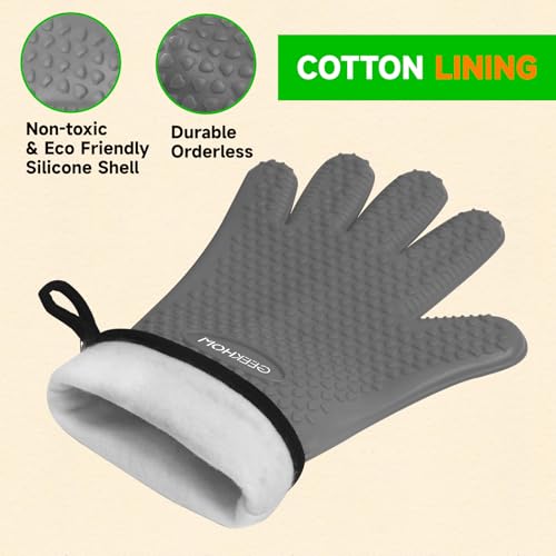 Image of GEEKHOM BBQ Gloves Heat Resistant Oven Mitts - Silicone Grilling Gloves with 13.7 inch Arm Protection - Waterproof Pot Holder Non-Slip for Men & Women, Kitchen Outdoor Cooking, Baking, Camping, Light Gray