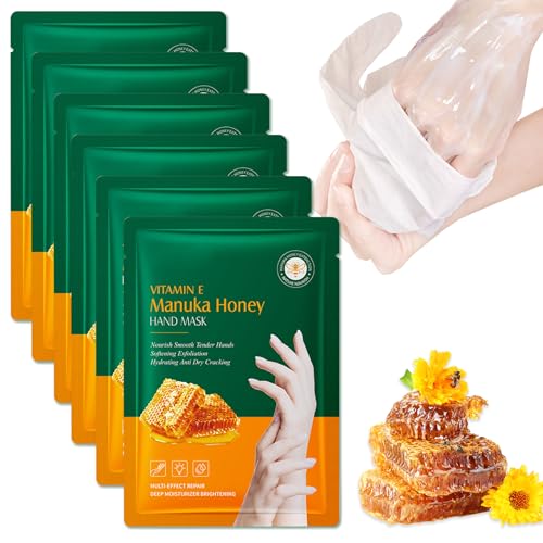 6 Pairs Hand Mask Gloves - Honey Hand Moisturiser Gloves - hand Masks for Dry Hands Repair - Moisturising gloves with Collagen Vitamins - Hydrating Nourishing Softening Exfoliating