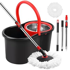 Spin Mop and Bucket, Mop and Bucket with Wringer Set for Home, 360 Spinning Mop Bucket Floor Cleaning Tool with One Microfiber Mop Replacement Head Refills,50″ Extended Handle for Floor Cleaning Home